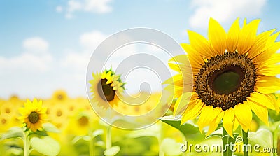 Sunflower Agriculture Banner on Blurred Sunny Nature Background: Vibrant Summer Sunflowers Field. Stock Photo