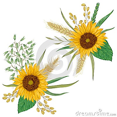 Sunflower, barley, wheat, rye, rice and oat. Collection decorative floral design elements. Vector Illustration