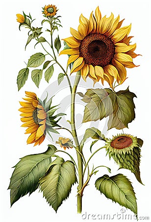 Sunflower Botanical Illustration, Sun Flowers Isolated, Sunflowers Abstract Generative AI Illustration Stock Photo