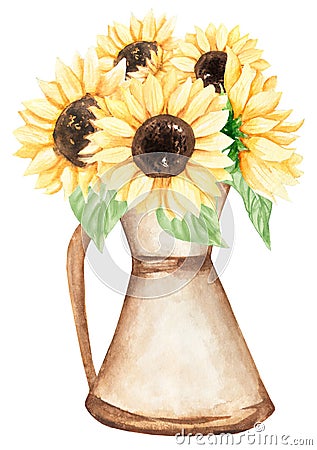 Sunflower bouquet in the vase Clipart, Watercolor Meadow flowers, Rustic wildflowers Bouquet , Wedding Invites, Baby shower, Logo Stock Photo