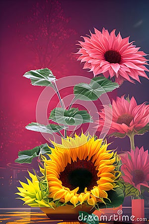 Sunflower and daisy arrangement. Generative AI Stock Photo