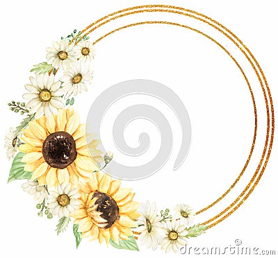 Sunflower and Daisy Wreath Clipart, Watercolor Chamomile Flowers Frame, Rustic Meadow Floral Bouquet, Wedding Invites, Baby shower Stock Photo