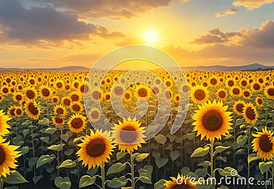 A sunflower field at the peak of summer, each flower's golden petals turned towards the sun. Stock Photo