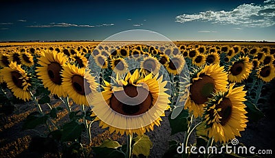 Sunflower field at sunset. Summer landscape with sunflowers. Stock Photo
