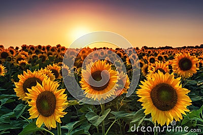 Sunflower field at the sunset Stock Photo