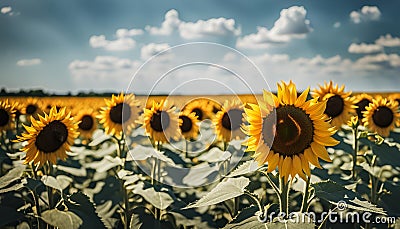 A sunflower field under a clear summer sky Stock Photo