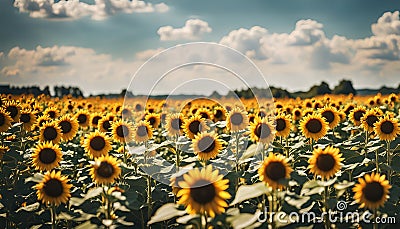 A sunflower field under a clear summer sky Stock Photo