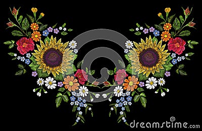 Sunflower field wild floral embroidery arrangement neckline decoration. Fashion textile floral clothing print.Colourful Vector Illustration