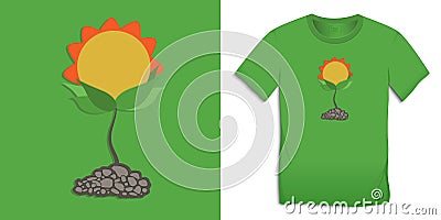 Sunflower, green graphic design of plants for t-shirts, flat design for print Vector Illustration