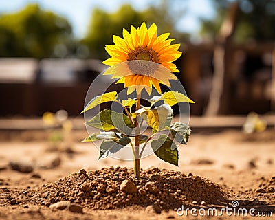 a sunflower growing out of the ground in a dirt field Stock Photo