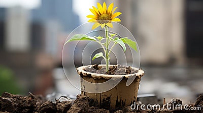 a sunflower growing in a pot on the ground Stock Photo