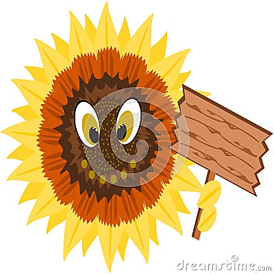 Sunflower Happy Face Emoji holding blank wooden sign Vector Illustration