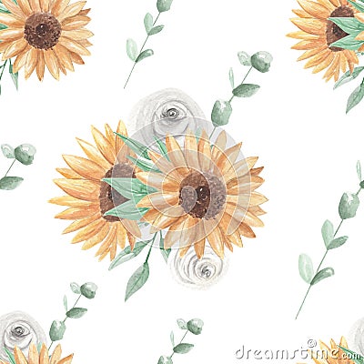 Sunflower Leaves Watercolor Seamless Pattern White Roses Green Leaf Painted Flower Floral Stock Photo