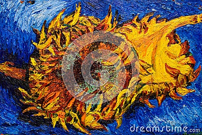 Sunflower, oil painting on canvas. Free copy Based on the painting by the great artist Vincent Van Gogh, Two cut sunflowers III, Stock Photo