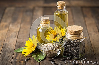 Sunflower oil and seeds Stock Photo