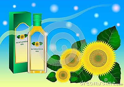 Sunflower Oil. Sunflowers and glass bottle of oil, beautiful realistic picture for advertising Vector Illustration