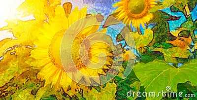 Sunflower painting.Background of sunny sunflowers. Stock Photo