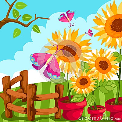 Sunflower in a pot with butterfly Vector Illustration