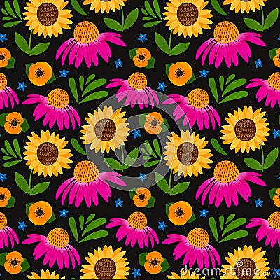 Sunflower seamless pattern. Autumn flowers pattern, watercolor echinacea purpurea print. Fall floral repeat background. Stock Photo