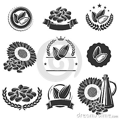 Sunflower seeds label and elements set. Vector Vector Illustration