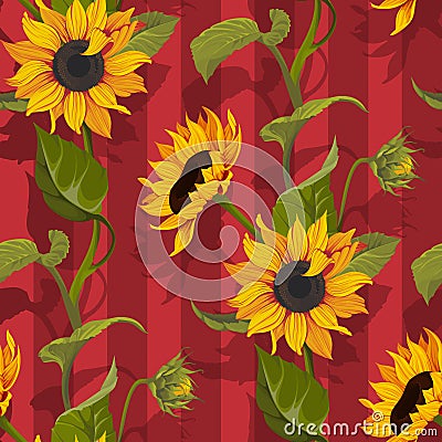 Sunflower vector seamless pattern floral texture on red stripes background Vector Illustration