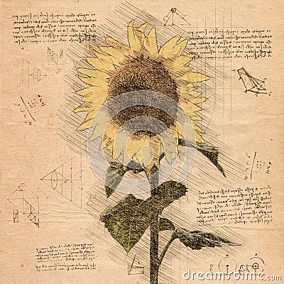 Sunflower in Vintage Steampunk Da Vinci Drawing Style Stock Photo