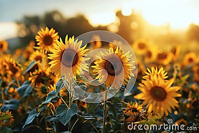 Sunflowers bloom brightly against a sunset backdrop Stock Photo