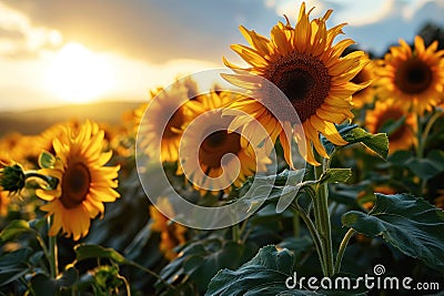 Sunflowers bloom brightly against a sunset backdrop Stock Photo