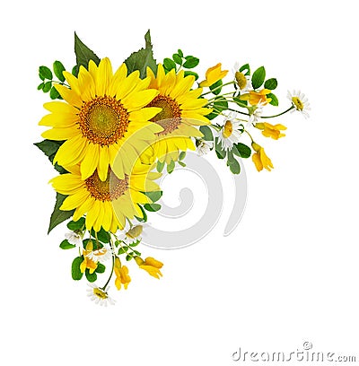 Sunflowers, daisies and acacia flowers in a corner arramgement Stock Photo