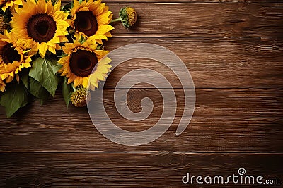 Sunflowers Displayed On Wooden Board, Adding Touch Of Sunshine To The Setting Stock Photo