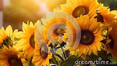 Sunflowers field on the sunset. AI generated image. Stock Photo