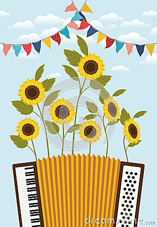 Sunflowers garden with accordion and garlands scene Vector Illustration