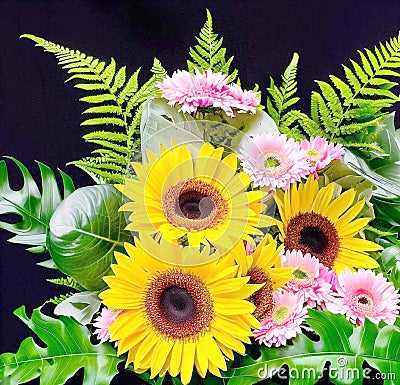 Sunflowers and Gerbera daisies flower arrangement with fern AI-Generated Stock Photo