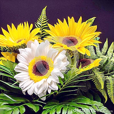 Sunflowers and Gerbera daisies flower arrangement with fern AI-Generated Stock Photo