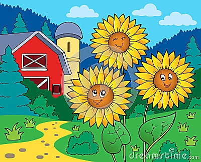 Sunflowers near farm Vector Illustration