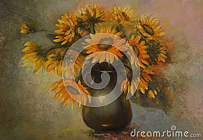 Sunflowers oil painting on canvas. Abstract still life of sunflowers in a vase. A bouquet of yellow flowers Stock Photo