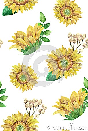 Sunflowers pattern. Watercolor rustic floral. Country flowers Stock Photo