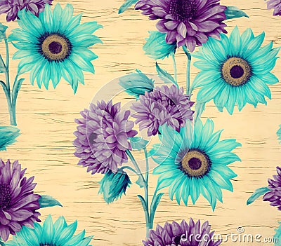 sunflowers and purple flowers patttern on teal weathered distressed board background for creative Stock Photo