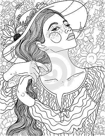 Sunflowers rural girl Vector Illustration