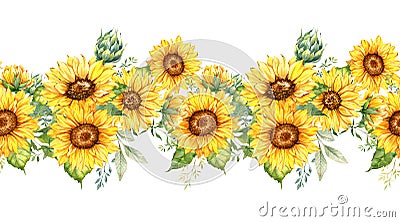 Sunflowers Seamless Border, Watercolor Sunflowers Arrangement, Hand Painted Sunflowers Bouuqet on white background Stock Photo