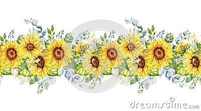 Sunflowers Seamless Border, Watercolor Sunflowers Arrangement, Hand Painted Sunflowers Bouuqet on white background Stock Photo