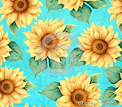 sunflowers seamless pattern on turquoise tile background for creative projects, events, wall paper Stock Photo