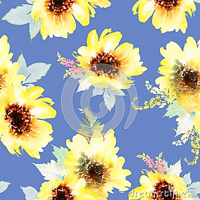 Sunflowers seamless pattern. Cartoon Illustration