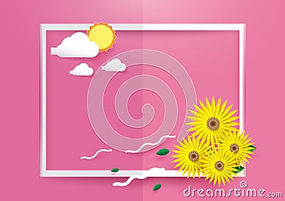 Sunflowers with sun and clouds in white frame on pink background Vector Illustration