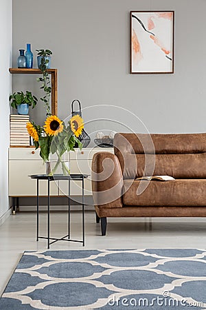 Sunflowers on table next to leather settee in apartment interior with poster and carpet. Real photo Stock Photo