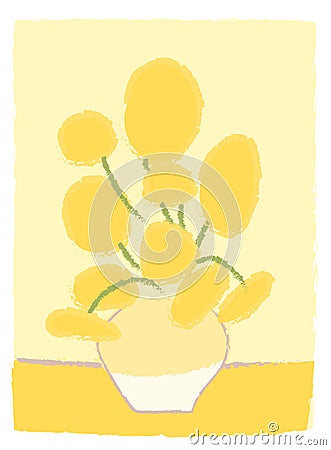 Sunflowers Van Gogh imitation like child s drawing in cartoon style. Impressionism painting art. Yellow flowers in vase Vector Illustration