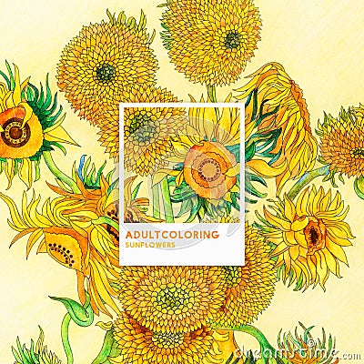 Sunflowers 1889 by Vincent van Gogh: adult coloring page Stock Photo