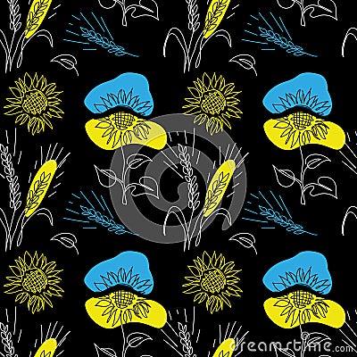 Sunflowers and wheat spikelet vector pattern on black background. One continuous line art drawing. Blue and yellow Vector Illustration