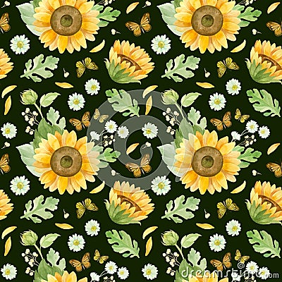 Sunflowers white roses and chrysanthemums - floral seamless pattern. Stock Photo