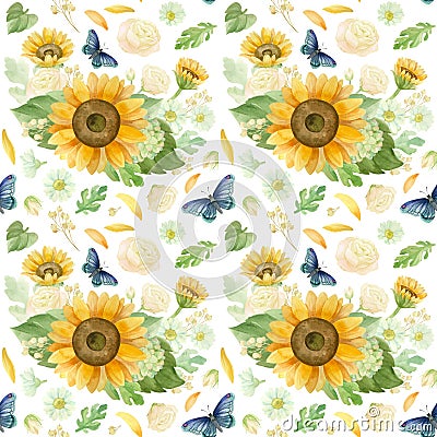 Sunflowers white roses and chrysanthemums - floral seamless pattern. Stock Photo